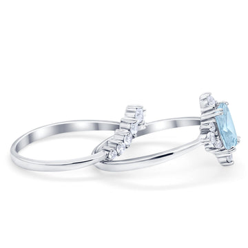 Art Deco Two Piece Wedding Ring Emerald Cut Simulated Aquamarine CZ 925 Sterling Silver
